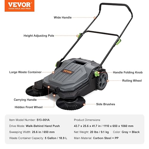 VEVOR - Barrendador de Piso de 65 cm de Ancho de Barrido Manual no eléctrico de 5 galones, Mango Plegable Ajustable en ángulo y Altura para Pasarela, Patio, cochera, Patio, Gris + Negro
