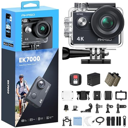 AKASO EK7000 Cámara Deportiva 4K WiFi 20MP Cámara de Acción, Negro | Camara Acuatica Sumergible con 170° Gran Ángulo, HD, 2 baterías, Kit de Accesorios, para Deportes al aire libre/a diario