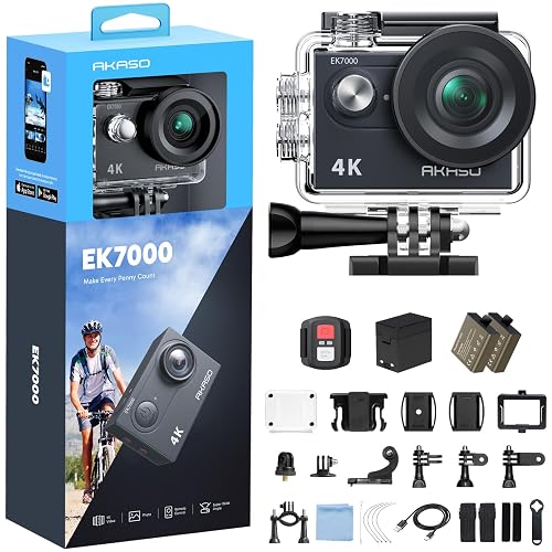 AKASO EK7000 Cámara Deportiva 4K WiFi 20MP Cámara de Acción, Negro | Camara Acuatica Sumergible con 170° Gran Ángulo, HD, 2 baterías, Kit de Accesorios, para Deportes al aire libre/a diario