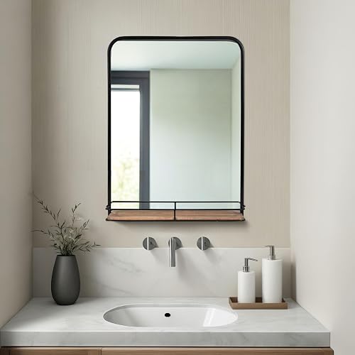 Sagebrook Home Espejo de Pared con Marco de Metal Negro y Estante de Almacenamiento de Madera Espejo Decorativo para baño Dormitorio Sala de Estar u Oficina Negro 18 x 3.75 x 24 Pulgadas