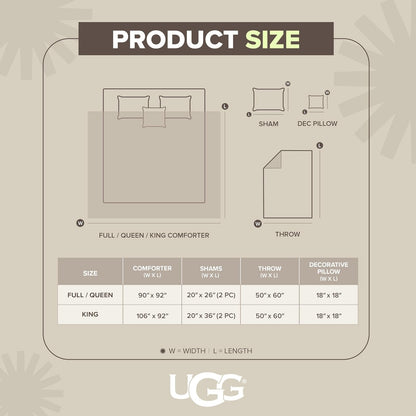 UGG Brody 32540 King-California King - Juego de edredón de 5 Piezas y Dos Fundas de Almohada Decorativa de 18 x 18 Pulgadas y Manta de 50 x 60 Pulgadas, tamaño King, Abedul