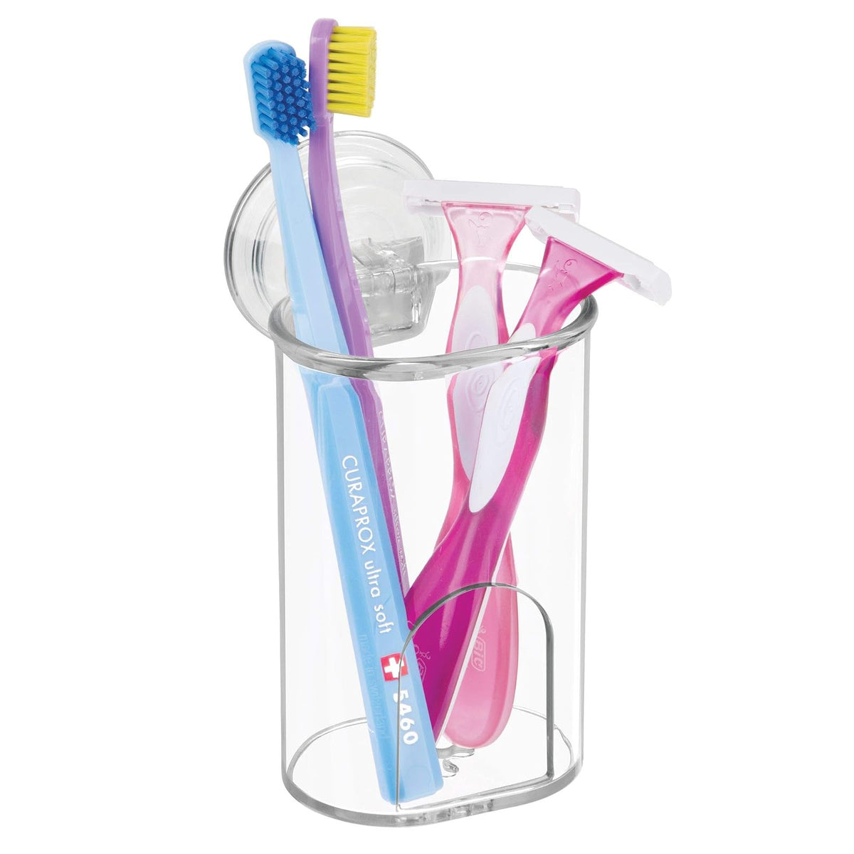 InterDesign Power Lock Suction Toothbrush, Toothpaste, Spin Toothbrush & Razor Holder for Bathroom Vanity or Countertop - Clear