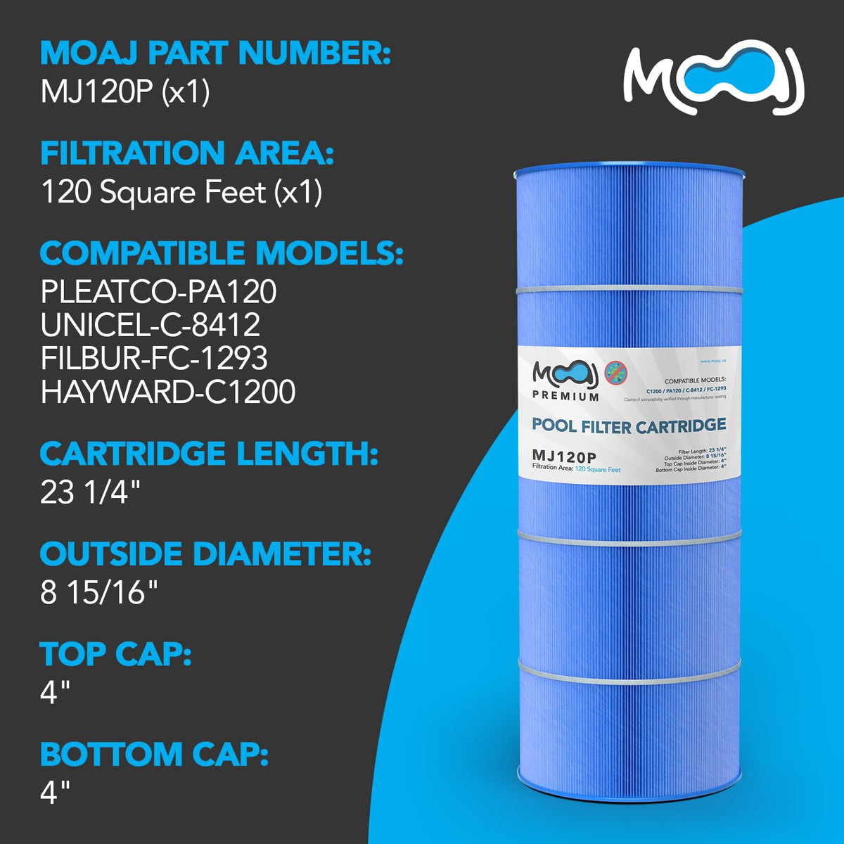Fabricado en Estados Unidos - Cartucho de filtro premium que sustituye a Hayward C1200, CX1200RE, Pleatco PA120, Unicel C-8412, Filbur FC-1293, Clearwater II 125, PA120-M Waterway Pro Clean PCCF-125 Filtros de piscina con infusión de asepsis