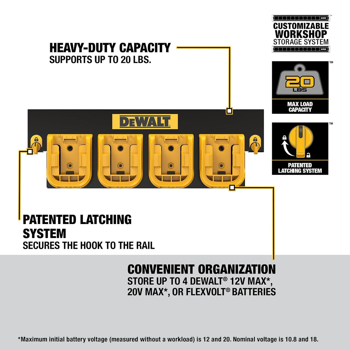 DEWALT - Organizador de batería con capacidad para hasta 4 baterías, riel de montaje, sistema de almacenamiento de taller compatible (DWST82819)