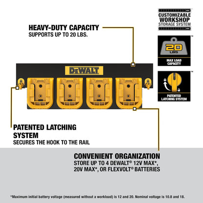 DEWALT - Organizador de batería con capacidad para hasta 4 baterías, riel de montaje, sistema de almacenamiento de taller compatible (DWST82819)