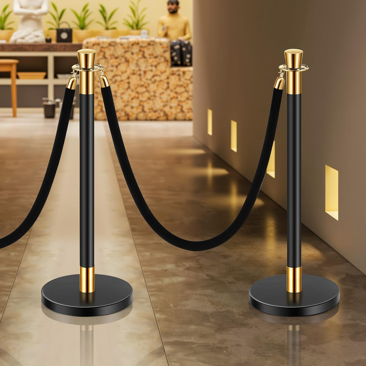 VEVOR 6 PCS Poste de Estaca de Acero Inoxidable de 1,5 m con Base Hueca de Inyección de Arena y 4 Cuerdas de Terciopelo Negro, Barreras de Control de Multitudes para Teatro, Fiesta, Boda, Negro