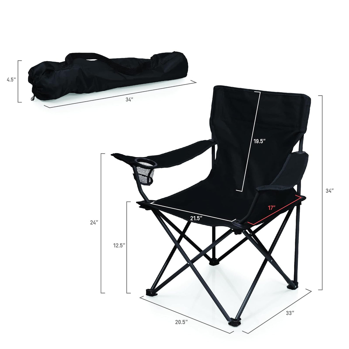 PTZ - Silla de Campamento - Silla de Picnic - Silla de Playa con Bolsa de Transporte, Color Negro