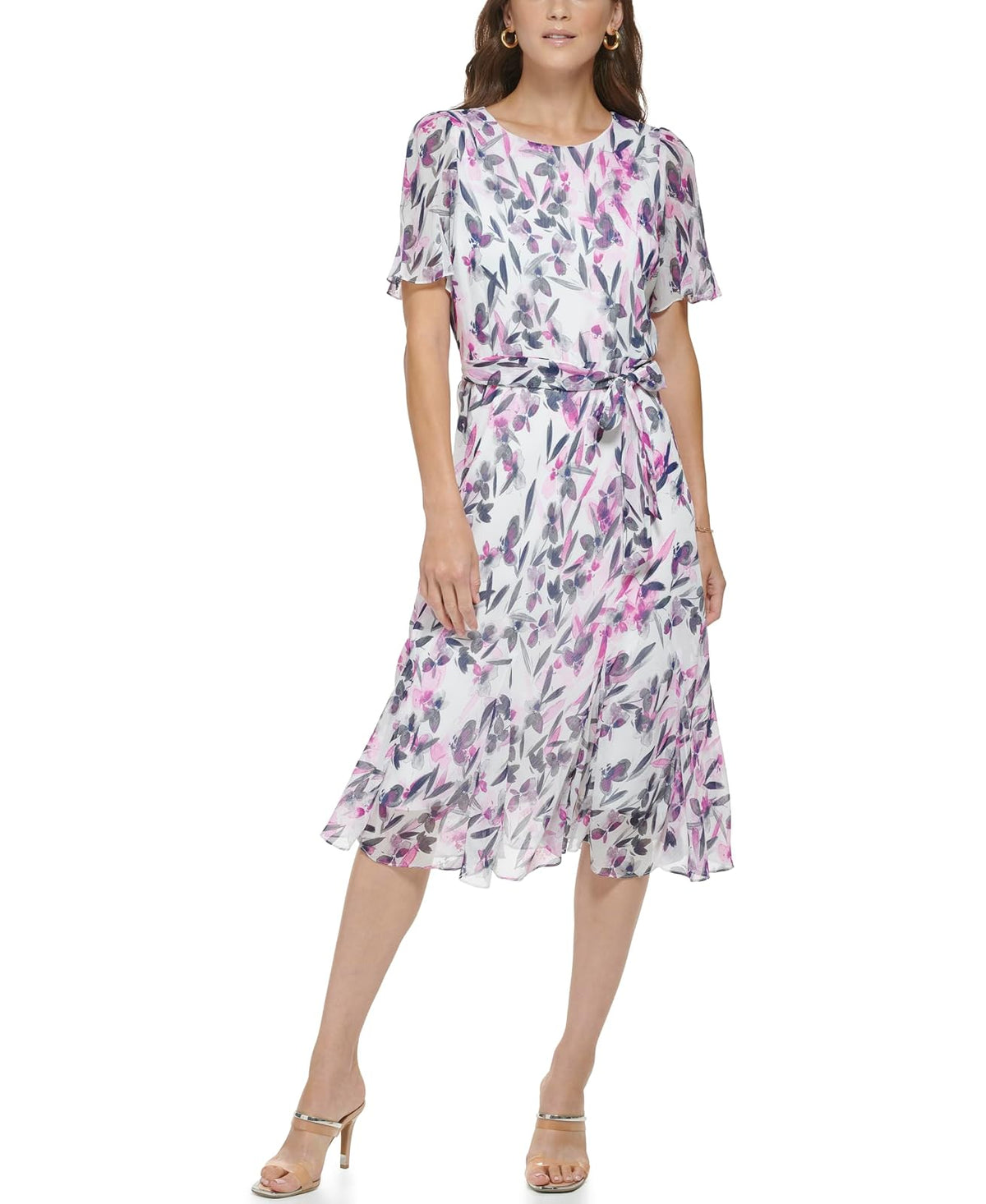 DKNY Vestido Midi de Gasa con Falda Godet para Mujer - crema (Cream - Raspberry) - 4