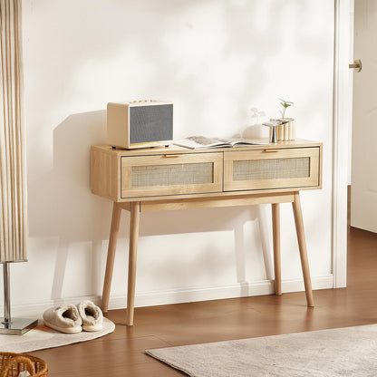 VEVOR Mesa Consola de ratán con 2 cajones de Almacenamiento, Mesa de Entrada de ratán con Puerta corrediza de ratán Natural, Mesa Consola de sofá para Sala de Estar, Entrada o Pared de TV, Natural