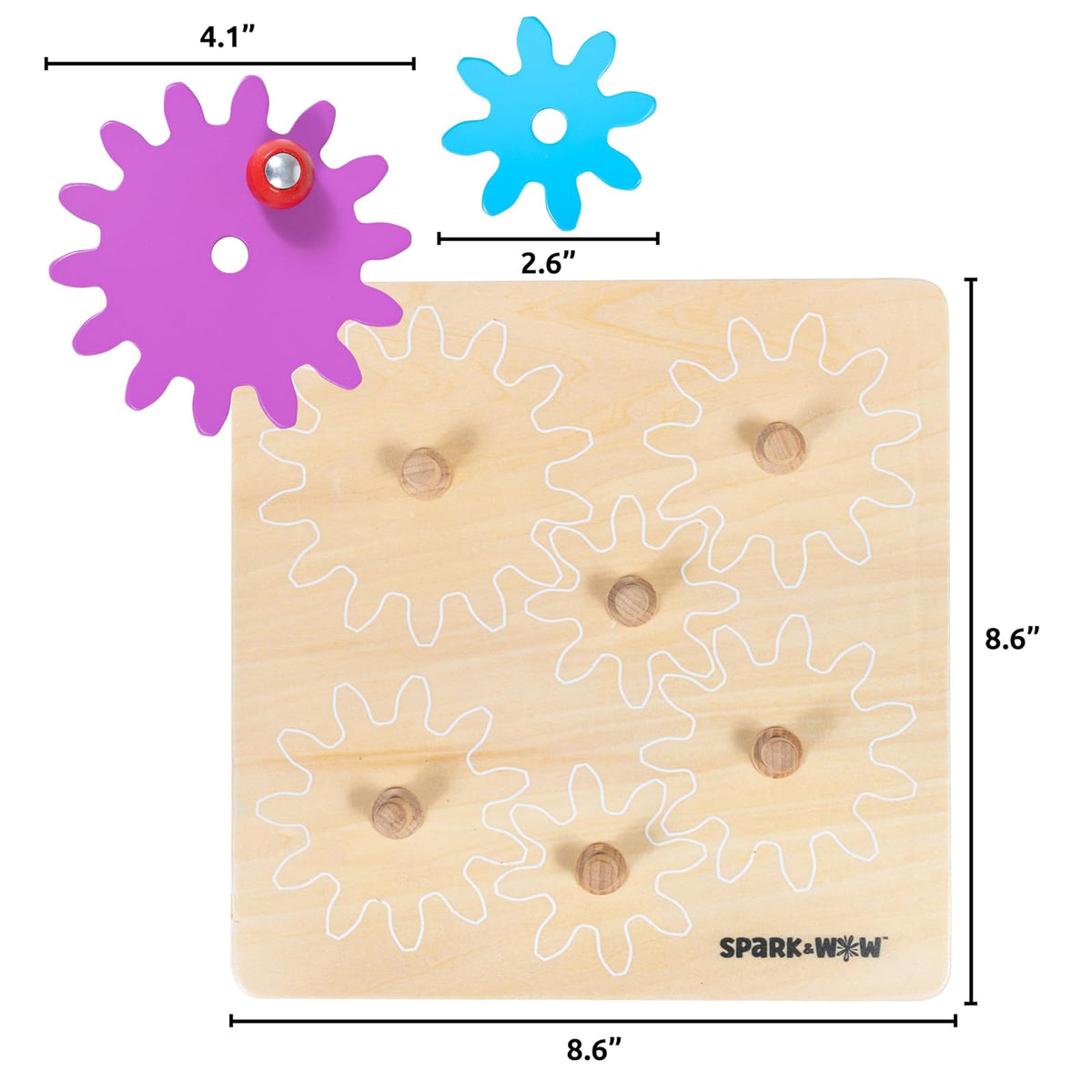 SPARK & WOW Spinny Gears - Tabla de Engranajes de Madera con 6 Piezas en 3 tamaños - Rompecabezas de Engranajes para niños - CREA Combinaciones Coloridas y giratorias