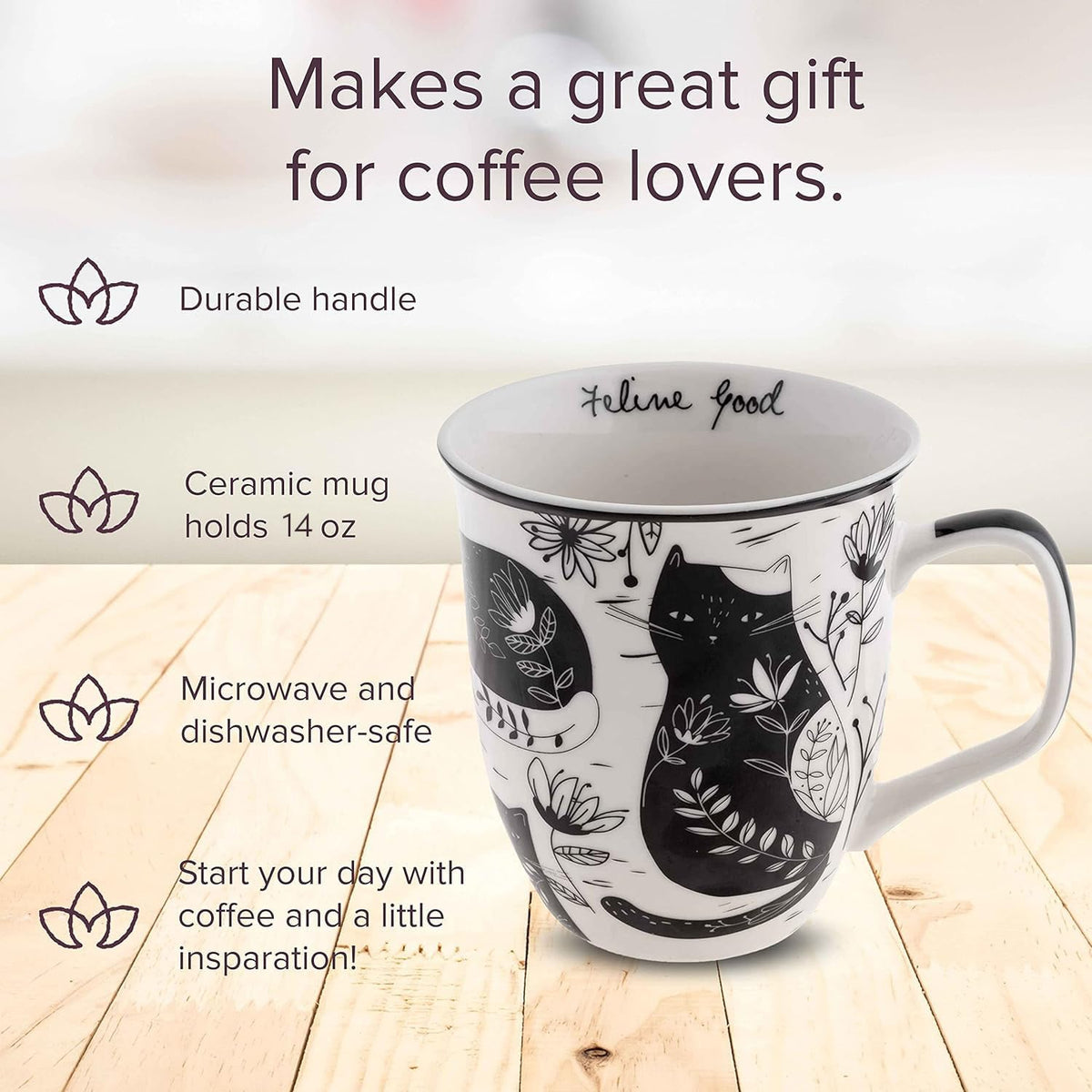 Karma Gifts - Taza bohemia de 16 onzas en blanco y negro para gatos, bonita taza de café y té, tazas de café de cerámica para mujeres y hombres