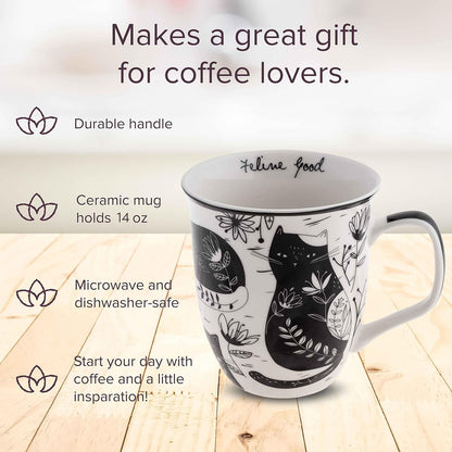 Karma Gifts - Taza bohemia de 16 onzas en blanco y negro para gatos, bonita taza de café y té, tazas de café de cerámica para mujeres y hombres