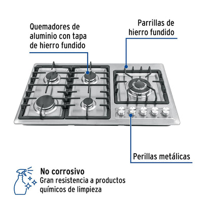 Foset Riviera PAE-915GA, Parrilla gas empotrable 90 cm 5 quemadores lateral inoxidable