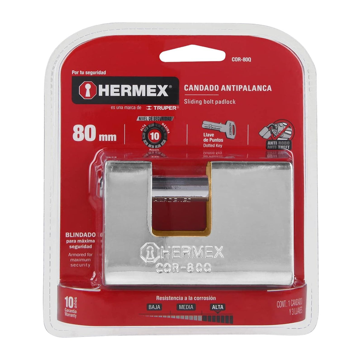 Hermex COR-80Q, Candado antipalanca, cuerpo de latón blindado de 80mm, llave de puntos, máxima seguridad