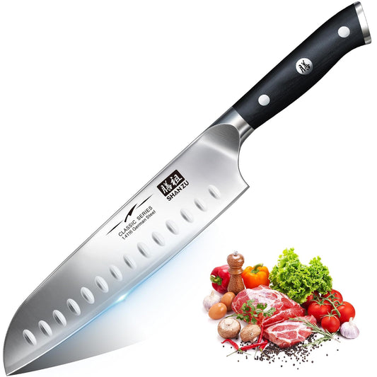 Cuchillo de Cocinero SHANZU Santoku 7 Pulgadas - Chef Profesional Alto Carbono con Acero Cromado Afilado, Hoja Santoku para Cocina y Chefs