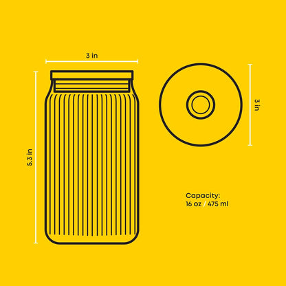 JoyJolt - Vasos de vidrio estriados con tapas de bambú y popotes de vidrio, juego de 4 vasos acanalados con forma de lata de 16 onzas con tapas y popotes, tazas de café helado, vasos de cóctel/cerveza