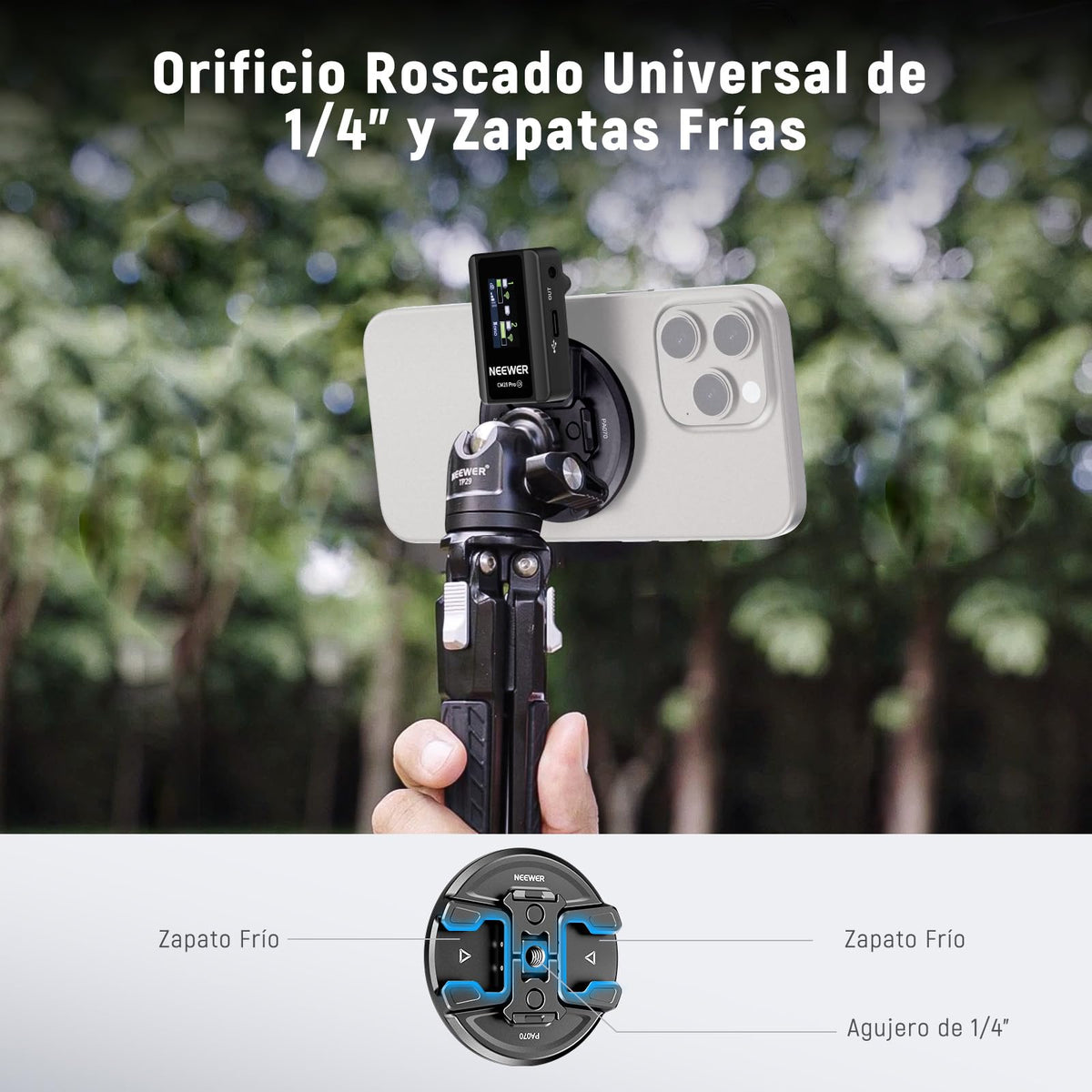 NEEWER Trípode Teléfono Motnaje Magnético con Adaptador Cámara Acción, Zapata Fría con Anti Off Pin, 1/4" Rosca Compatible con MagSafe iPhone 16 15 14 13 12 Series dji Montaje Adaptador, PA070