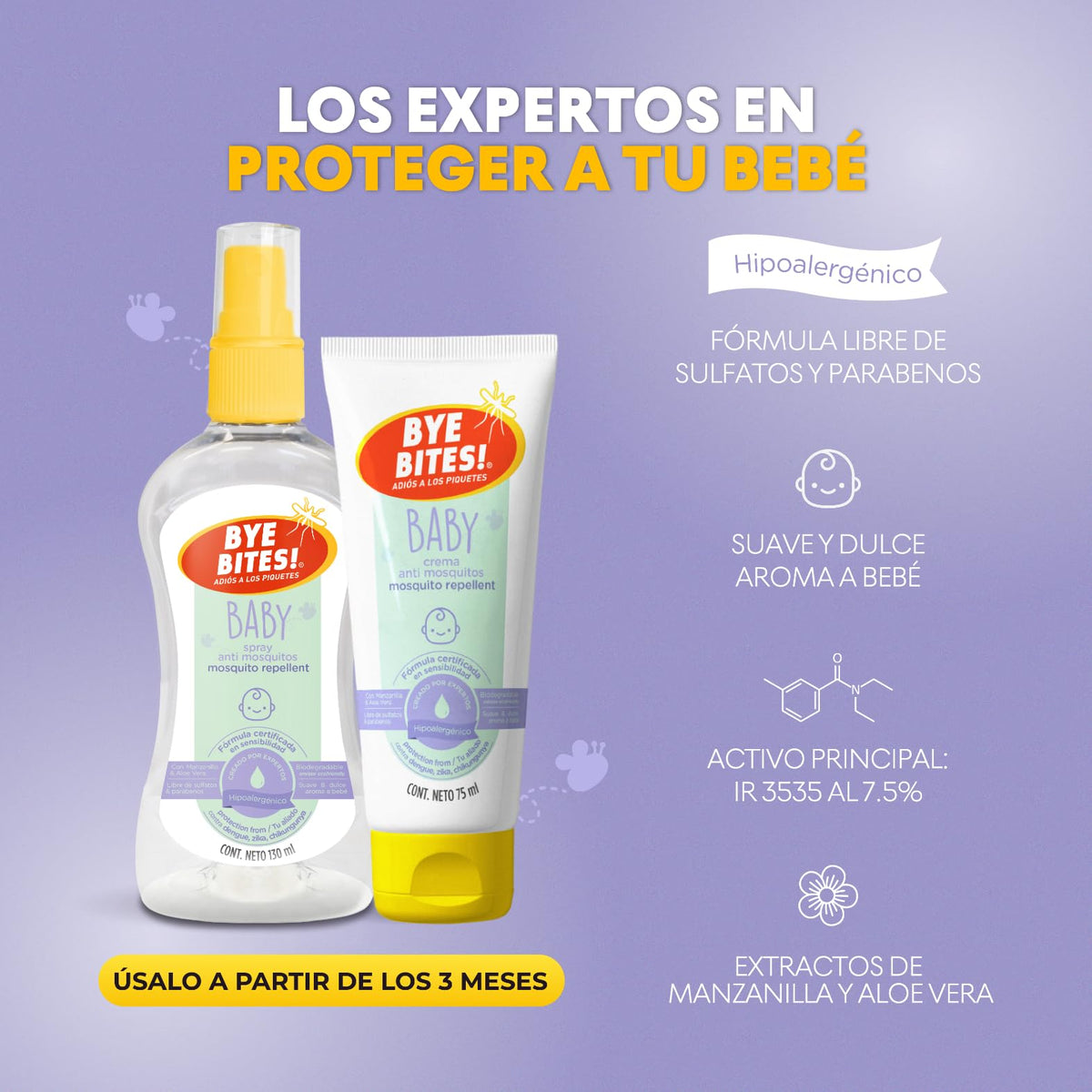 BYE BITES Repelente de Mosquitos BABY en Spray - Fórmula Para Piel Sensible - Hipoalergénico y Libre de Parabenos - Con Aroma a Manzanilla - En DUOPACK de 130 ml c/pieza - Protégete de los Insectos