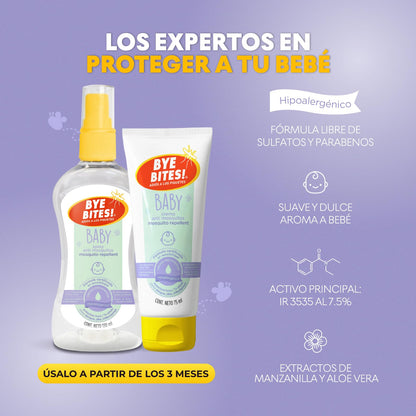 BYE BITES Repelente de Mosquitos BABY en Spray - Fórmula Para Piel Sensible - Hipoalergénico y Libre de Parabenos - Con Aroma a Manzanilla - En DUOPACK de 130 ml c/pieza - Protégete de los Insectos