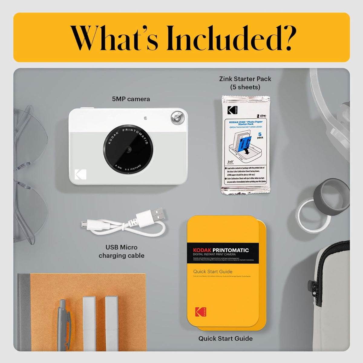 KODAK Printomatic Cámara Digital instantánea a Color 5 MP, Papel fotográfico Autoadhesivo Zink de 2x3 (5,1 x 7,5 cm) Color Gris, Kit: Papel Zink (20 Hojas) Estuche, Marcadores, Álbum