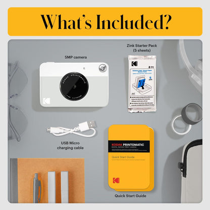 KODAK Printomatic Cámara Digital instantánea a Color 5 MP, Papel fotográfico Autoadhesivo Zink de 2x3 (5,1 x 7,5 cm) Color Gris, Kit: Papel Zink (20 Hojas) Estuche, Marcadores, Álbum