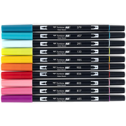 Tombow 56185 Marcadores artísticos de doble pincel, , paquete de 10. Mezclador, pincel y marcadores de punta fina, Tropical, 1, 1 + Dual Brush Pen Art Markers, Bright, 10-Pack