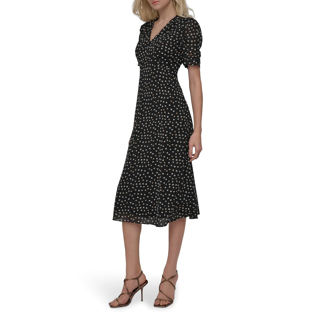 DKNY - Vestido Midi de Manga Corta con Botones en la Parte Delantera y Acampanado, para Mujer