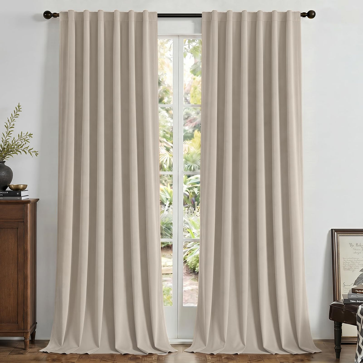 Joydeco Cortinas de Terciopelo 100% Opacas, 2 Paneles - 132.1An x 213.4Al cm (2 Paneles) - Beige claro