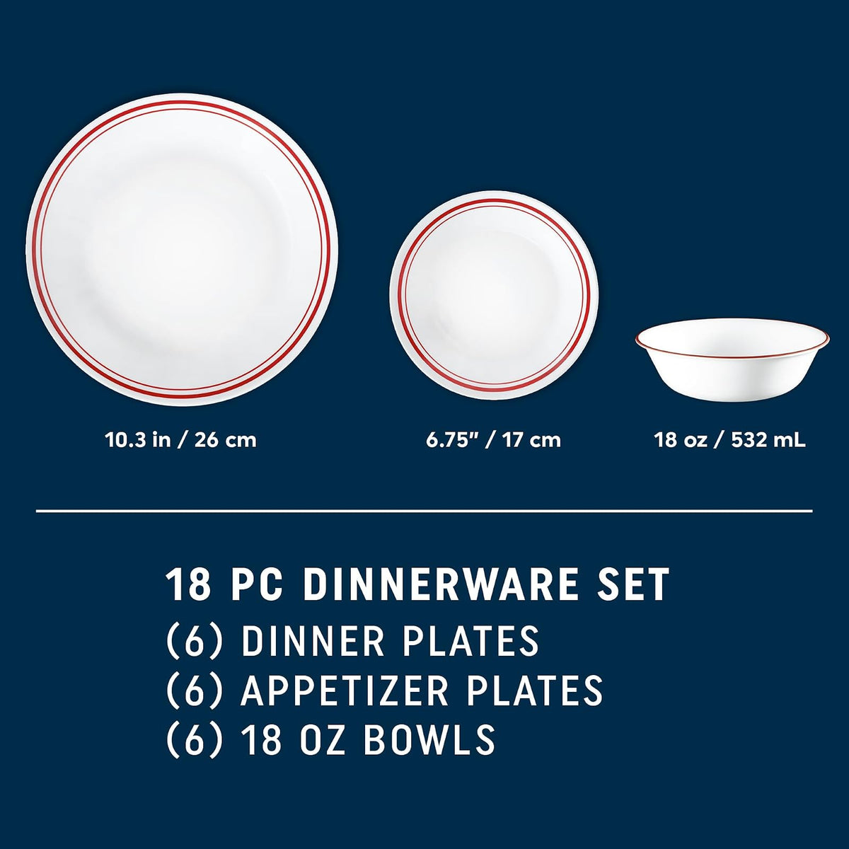 Corelle Vitrelle juego de vajilla de 18 piezas, servicio para 6, Logan, vidrio de triple capa resistente a astillados y golpes, juego de platos y tazones redondos livianos