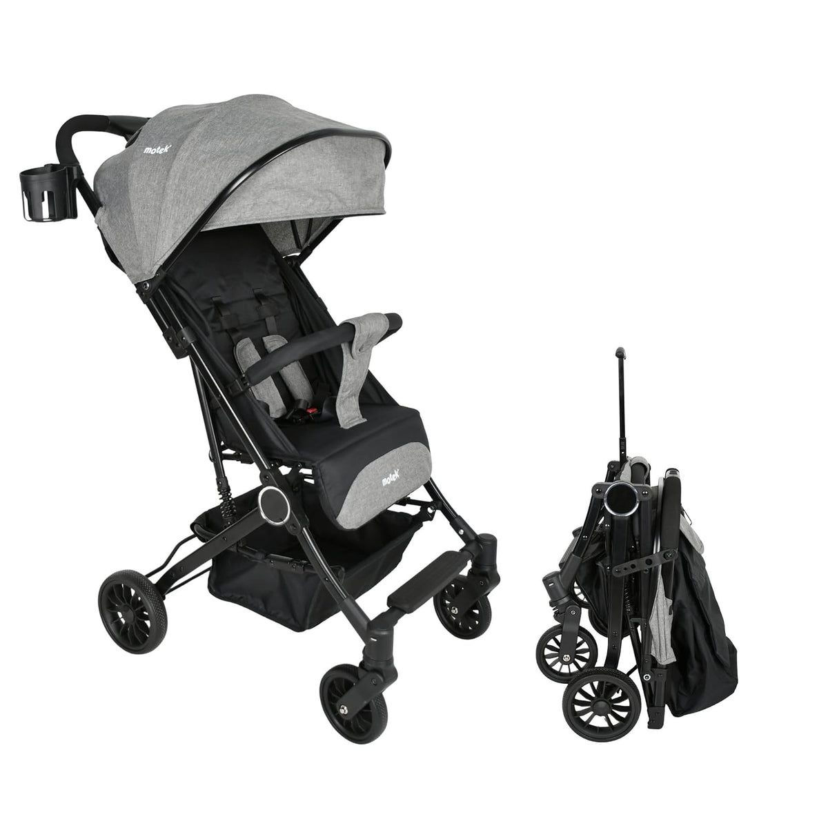 Motek Carriola Ligera de Viaje Kiara, Plegado a una Mano, Reclinado de 175°, Diseño Compacto Tipo Maleta con Manija de Transporte, Gris