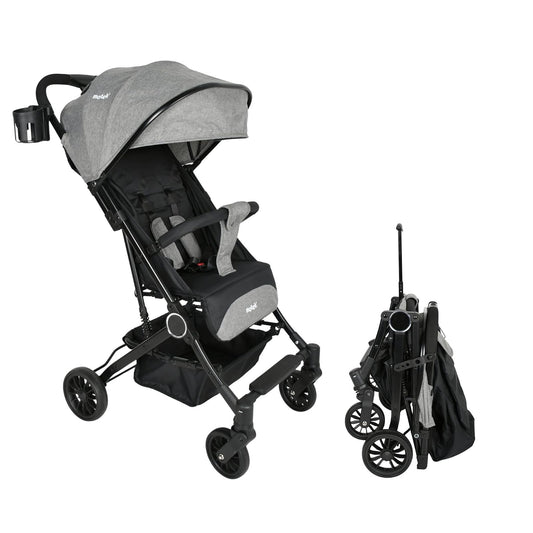 Motek Carriola Ligera de Viaje Kiara, Plegado a una Mano, Reclinado de 175°, Diseño Compacto Tipo Maleta con Manija de Transporte, Gris
