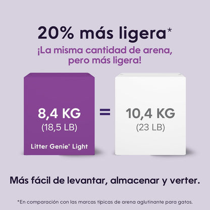 Litter Genie Arena aglutinante Ligera sin Fragancia Light para Gatos, 8.4 kg | Arcilla Natural 20% más Ligera | Aglutinación rápida, Control de olores, sin Polvo