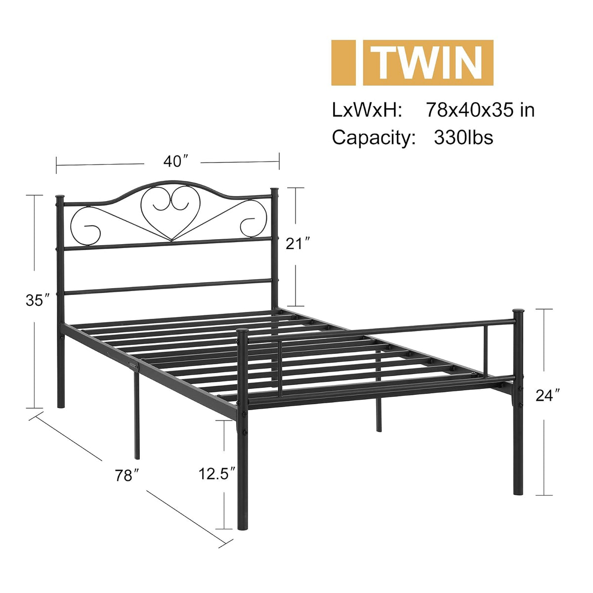 VECELO Base de Cama Individual con Plataforma de Metal, Cabecera y Estribo, Base de colchón de láminas de Acero, Color Negro