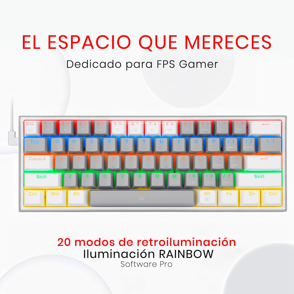 Redragon K617 Teclado Mecánico Alámbrico Gamer Rainbow en inglés, Fizz k617R, Switches Blue, Iluminación Rainbow, Anti-Ghosting Teclado Gaming Pc. (Gris/Blanco)