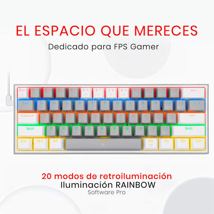 Redragon K617 Teclado Mecánico Alámbrico Gamer Rainbow en inglés, Fizz k617R, Switches Blue, Iluminación Rainbow, Anti-Ghosting Teclado Gaming Pc. (Gris/Blanco)