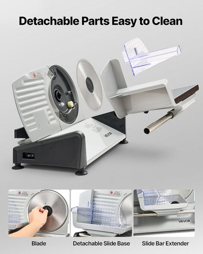 VEVOR Rebanadora de carne, cortadora eléctrica de fiambres de 7.5 pulgadas y 200 W con cuchilla SUS420, grosor ajustable de 0 a 0.6 pulgadas, con certificación ETL para carne, jamón, baguett y filete.