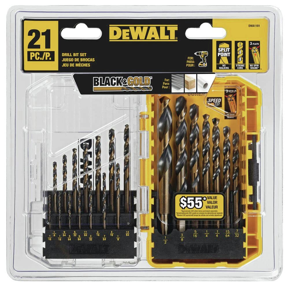 DEWALT - Juego de 21 Brocas, Punta de División de 135 Grados, Hélice de 31 Grados, Revestimiento de Óxido Negro, para Madera, Metal y Plástico (DWA1181)