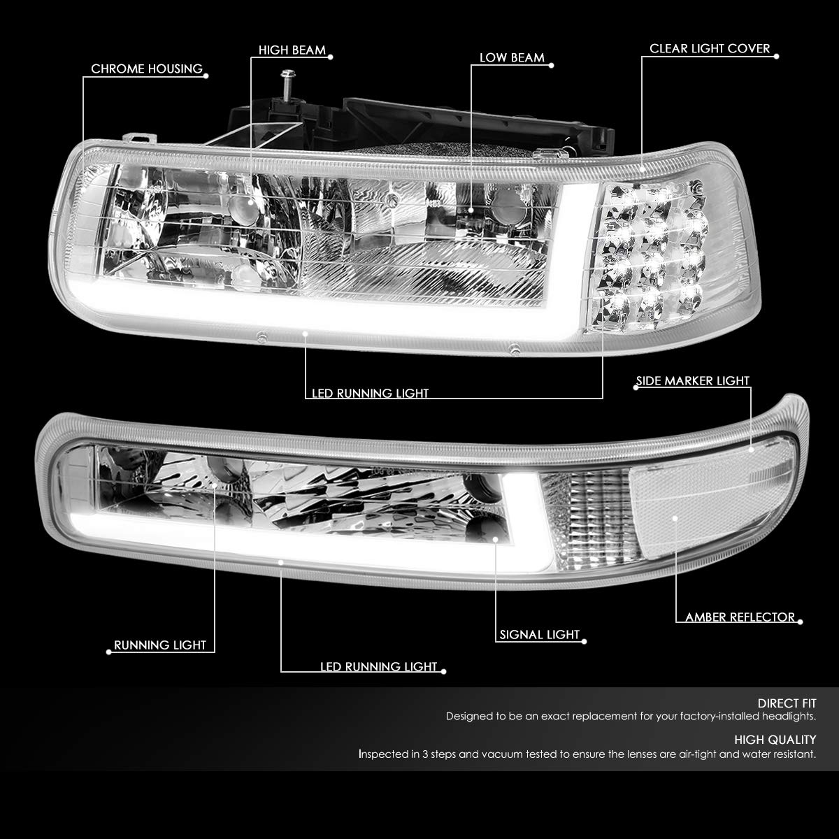 DNA Motoring Par de Faros Delanteros LED DRL de Repuesto para Chevrolet Silverado 1999-2002, Cromado/Transparente, HL-LB-CSIL99-CH-CL1
