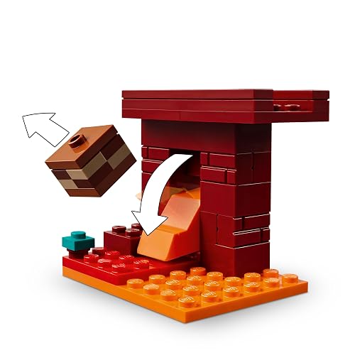 LEGO® Minecraft® La Batalla de Lava del Inframundo Fortaleza Juguete construible, Figuras de Alex, Esqueleto de Wither, Blaze y Caminante, Bosque Carmesí, para niños de 6 años o más 21266