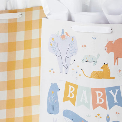 Hallmark Bolsas de regalo extra grandes de 15 pulgadas con papel de seda (2 bolsas: animales de bebé, cuadros amarillos) para baby shower, primer cumpleaños, fiestas de revelación de género