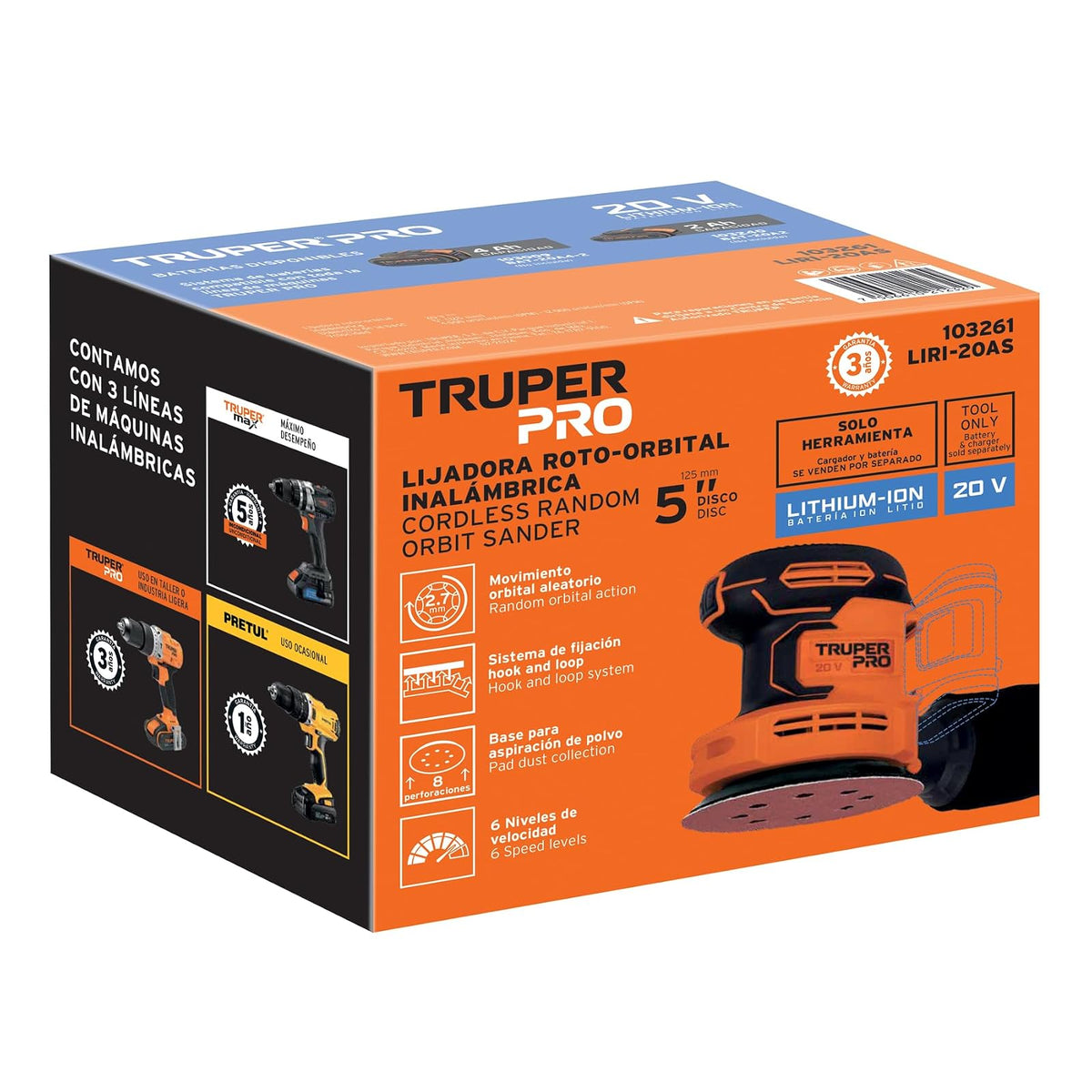 Truper PRO LIRI-20AS, Lijadora roto-orbital 5" inalámbrica 20 V sin accesorios
