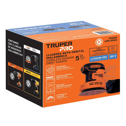 Truper PRO LIRI-20AS, Lijadora roto-orbital 5" inalámbrica 20 V sin accesorios