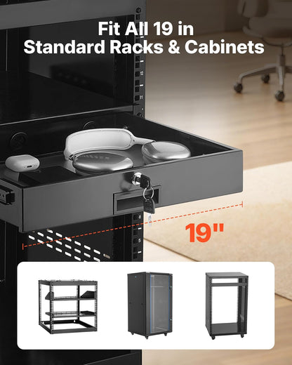 VEVOR Cajón para Montaje en Rack de 2U, Carga de 22,68 kg, Cajón Deslizante con Cerradura y Orificios para Gestión de Cables, para Rack o Gabinete de AV para Servidores de Equipos de Red de 48,26 cm