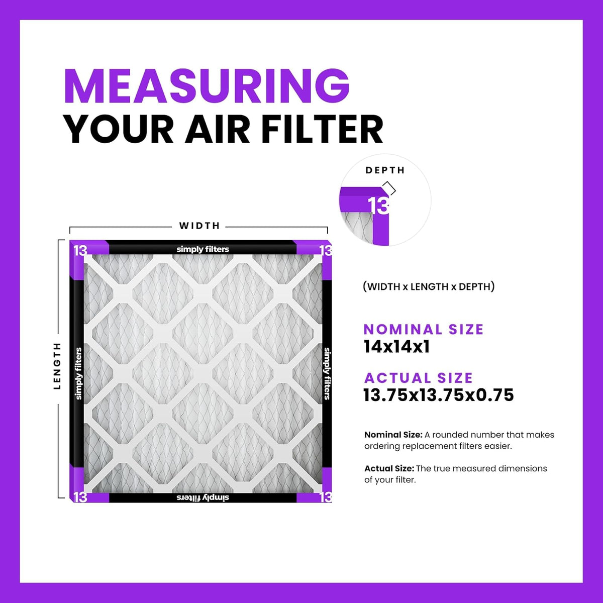 Simply - Filtro de aire de 14 x 14 x 1, Merv 13, MPR 1500, paquete de 6, para horno de aire acondicionado doméstico y HVAC (tamaño real: 13.7 x 1.7 x 0.75 pulgadas), control de polvo, mascotas y