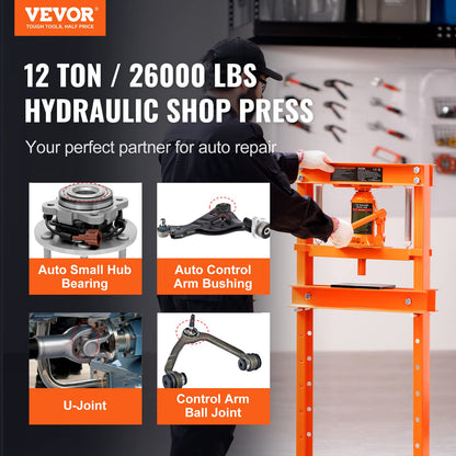 VEVOR - Prensa hidráulica para Taller, 12 toneladas/2600 Libras, Marco en H, Altura Ajustable de 4 Soportes, con Placas móviles, para cochera o usuarios Profesionales, Color Naranja