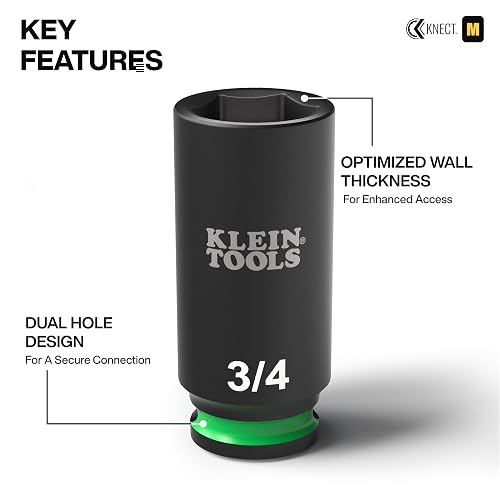 KLEIN TOOLS 65109IMPCT KNECT Juego de dados de impacto de pozo profundo de 3/8 de pulgada, juego de herramientas SAE de 9 piezas con adaptador de destornillador de impacto, adaptador de llave