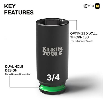 KLEIN TOOLS 65109IMPCT KNECT Juego de dados de impacto de pozo profundo de 3/8 de pulgada, juego de herramientas SAE de 9 piezas con adaptador de destornillador de impacto, adaptador de llave