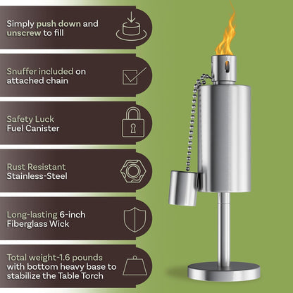 Pure Garden - Antorcha de Mesa de Acero Inoxidable Recargable de 26,7 cm de Alto, antorchas de citronela para Exteriores - Linternas de Mesa para Patio Exterior o Cubierta, lámpara de Aceite para