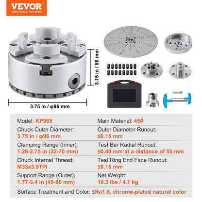 VEVOR KP965 - Mandril de torno, 4 mordazas de 9,5 cm de diámetro, accesorios de máquina de torneado de portabrocas de metal con 5 juegos de mandíbulas, herramienta de autocentrado, para mecanizado de