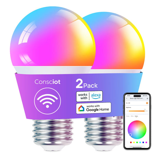 Consciot - Bombillas inteligentes, foco LED WiFi que funciona con Alexa y Google Home, sincronización de música, foco que cambia de color, bombillas WiFi A19 E26 de 2.4 Ghz equivalente a 60 vatios,